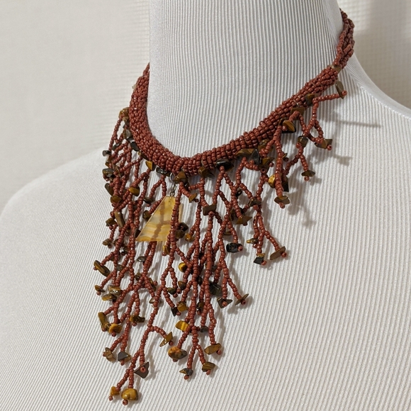 Tiger's Eye Jasper and Red Seed Bead Boho Necklace - Picture 2 of 2